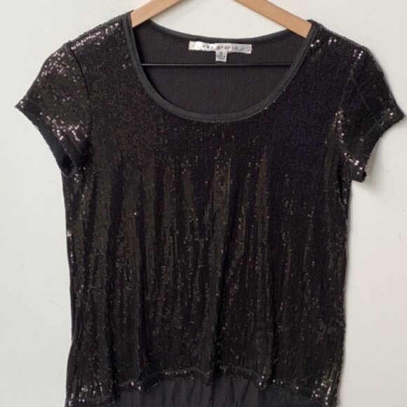 Max Studio Black Sequin Short Sleeve Top Medium - Picture 2 of 5